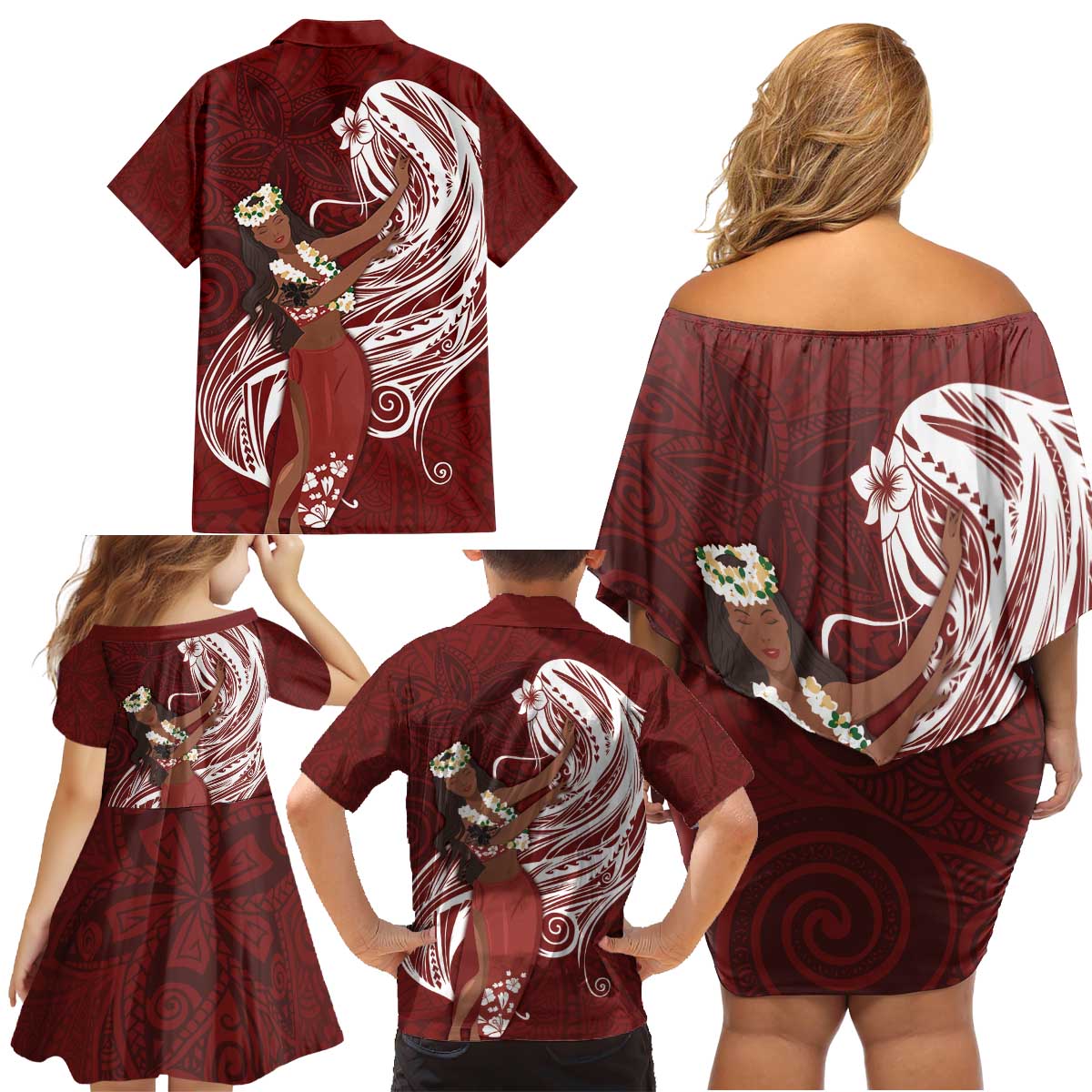 Tahiti Islands Polynesian Plumeria Family Matching Off Shoulder Short Dress and Hawaiian Shirt Tahitian Vahine 'Ote'a - Scarlet LT7 - Polynesian Pride