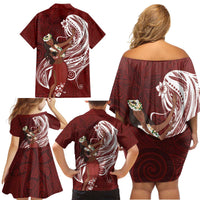 Tahiti Islands Polynesian Plumeria Family Matching Off Shoulder Short Dress and Hawaiian Shirt Tahitian Vahine 'Ote'a - Scarlet LT7 - Polynesian Pride