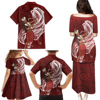 Tahiti Islands Polynesian Plumeria Family Matching Puletasi and Hawaiian Shirt Tahitian Vahine 'Ote'a - Scarlet LT7 - Polynesian Pride