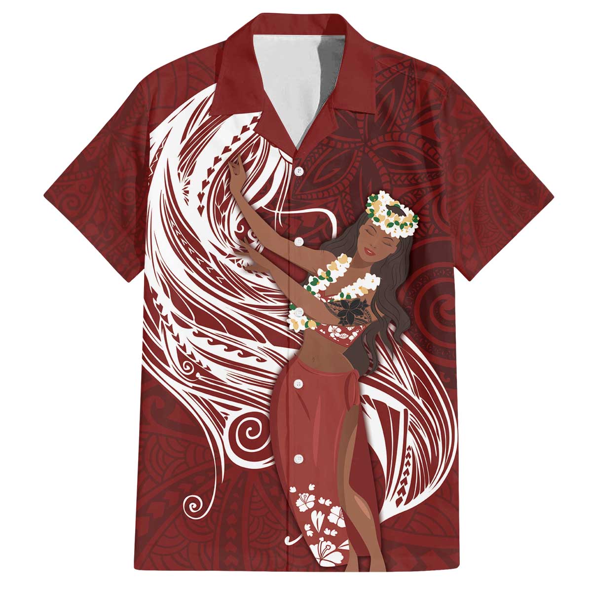 Tahiti Islands Polynesian Plumeria Family Matching Puletasi and Hawaiian Shirt Tahitian Vahine 'Ote'a - Scarlet LT7 Dad's Shirt - Short Sleeve Red - Polynesian Pride