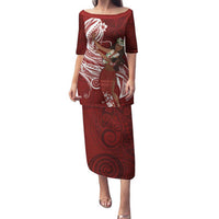 Tahiti Islands Polynesian Plumeria Family Matching Puletasi and Hawaiian Shirt Tahitian Vahine 'Ote'a - Scarlet LT7 Mom's Dress Red - Polynesian Pride