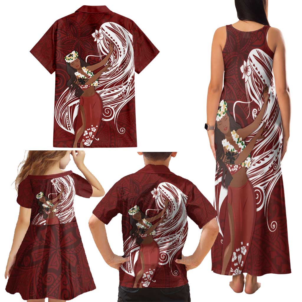 Tahiti Islands Polynesian Plumeria Family Matching Tank Maxi Dress and Hawaiian Shirt Tahitian Vahine 'Ote'a - Scarlet LT7 - Polynesian Pride