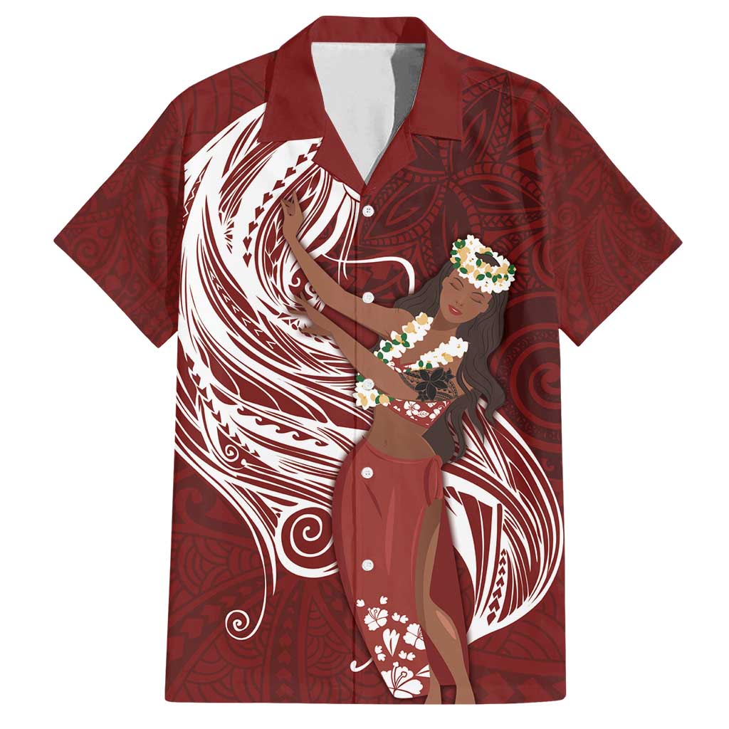 Tahiti Islands Polynesian Plumeria Family Matching Tank Maxi Dress and Hawaiian Shirt Tahitian Vahine 'Ote'a - Scarlet LT7 Dad's Shirt - Short Sleeve Red - Polynesian Pride