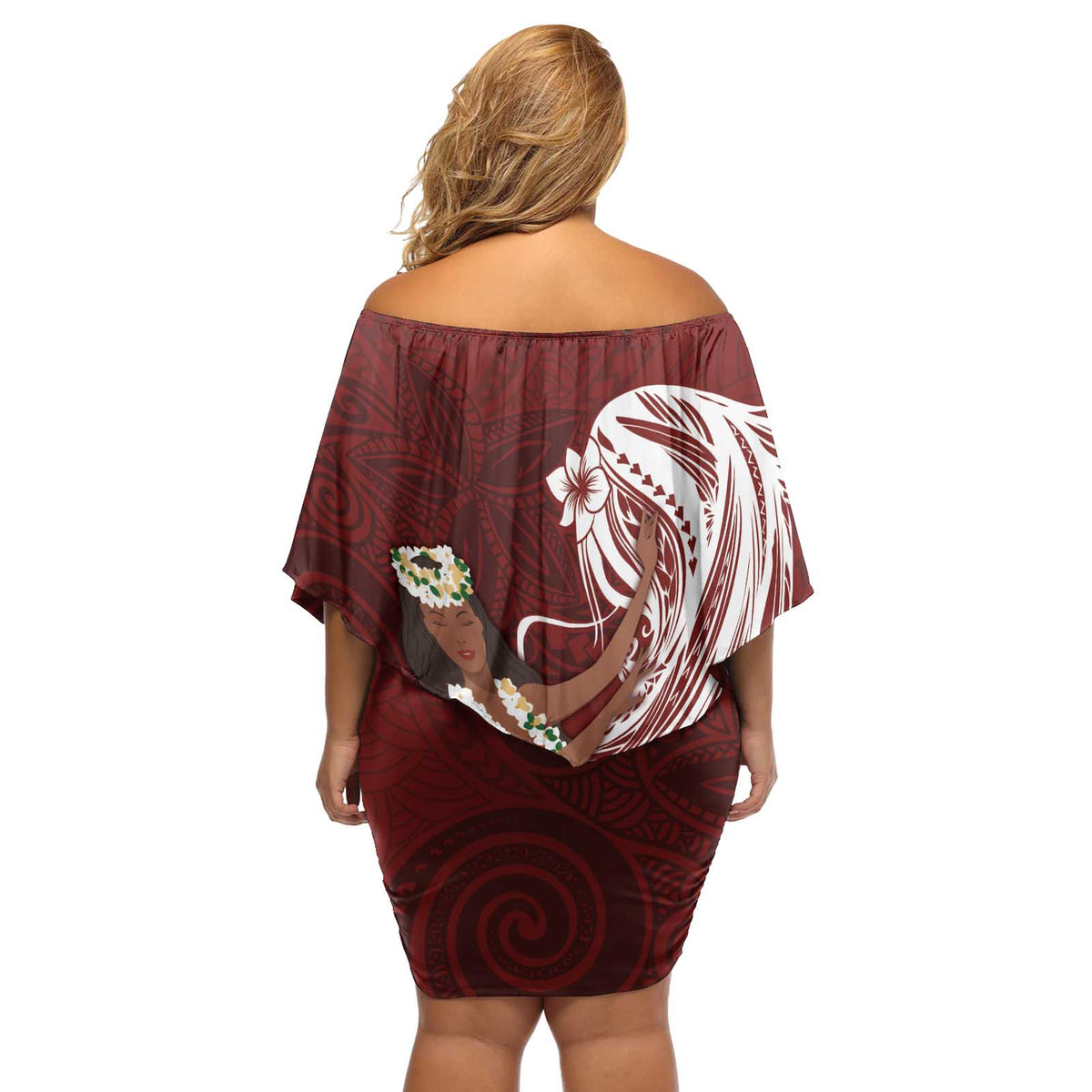 Tahiti Islands Polynesian Plumeria Off Shoulder Short Dress Tahitian Vahine 'Ote'a - Scarlet