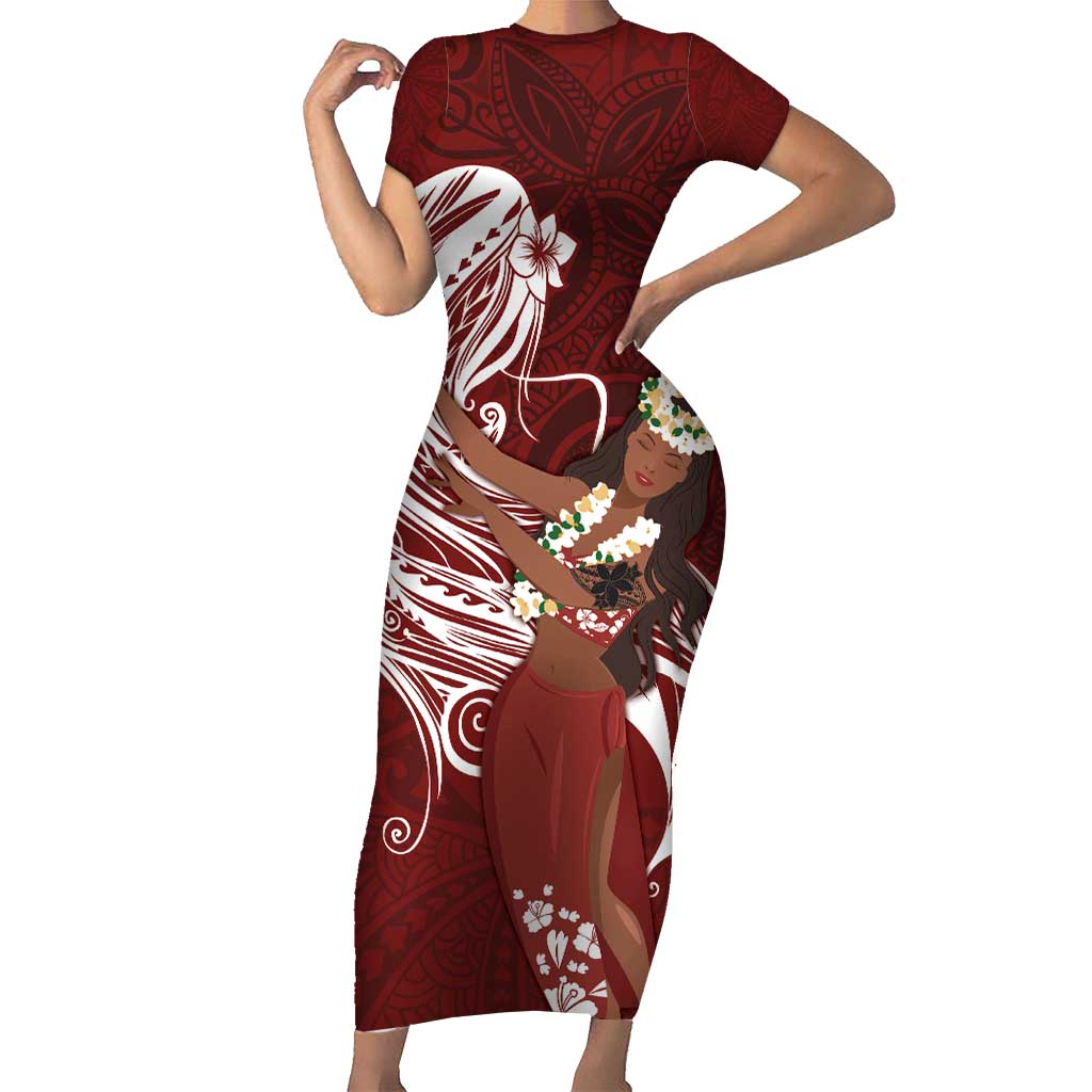 Tahiti Islands Polynesian Plumeria Short Sleeve Bodycon Dress Tahitian Vahine 'Ote'a - Scarlet LT7 Long Dress Red - Polynesian Pride