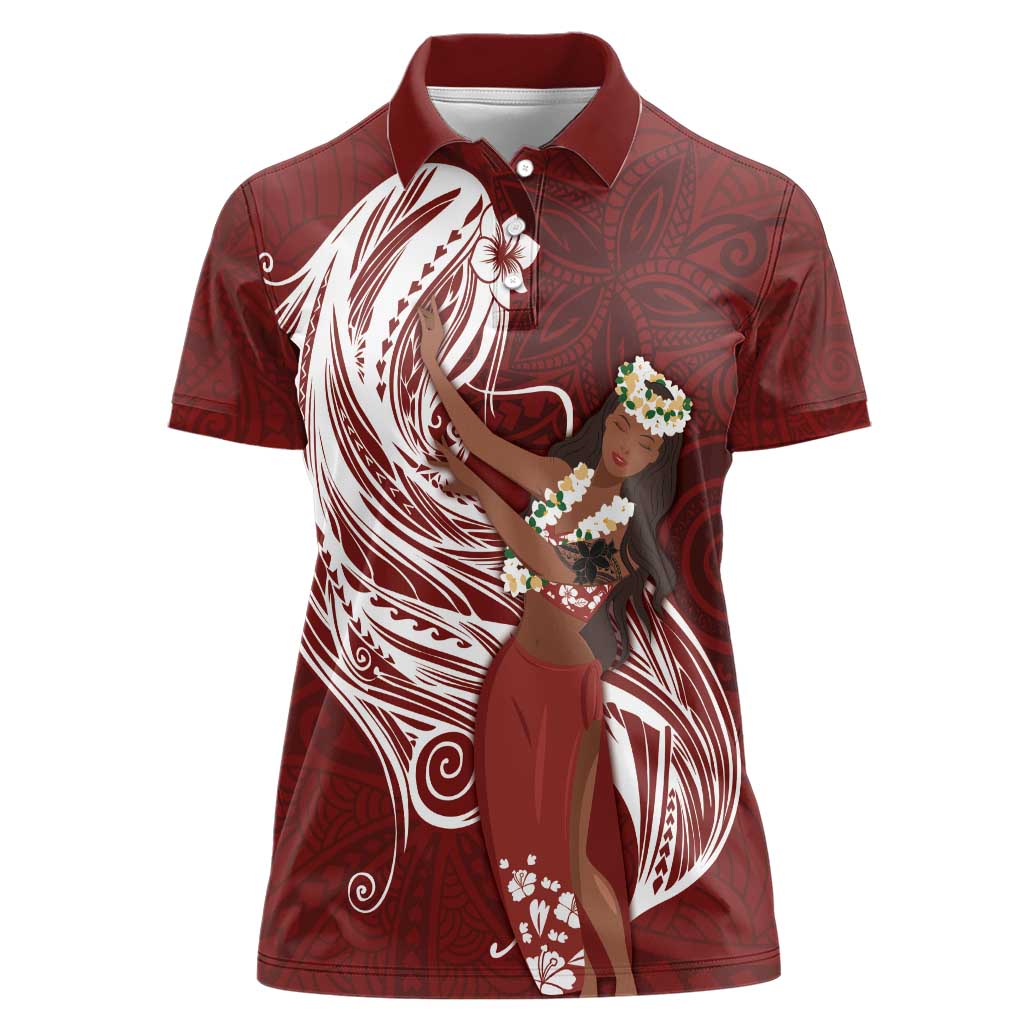 Tahiti Islands Polynesian Plumeria Women Polo Shirt Tahitian Vahine 'Ote'a - Scarlet LT7 Female Red - Polynesian Pride