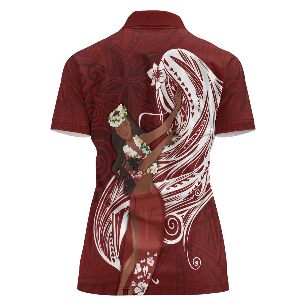 Tahiti Islands Polynesian Plumeria Women Polo Shirt Tahitian Vahine 'Ote'a - Scarlet LT7 - Polynesian Pride