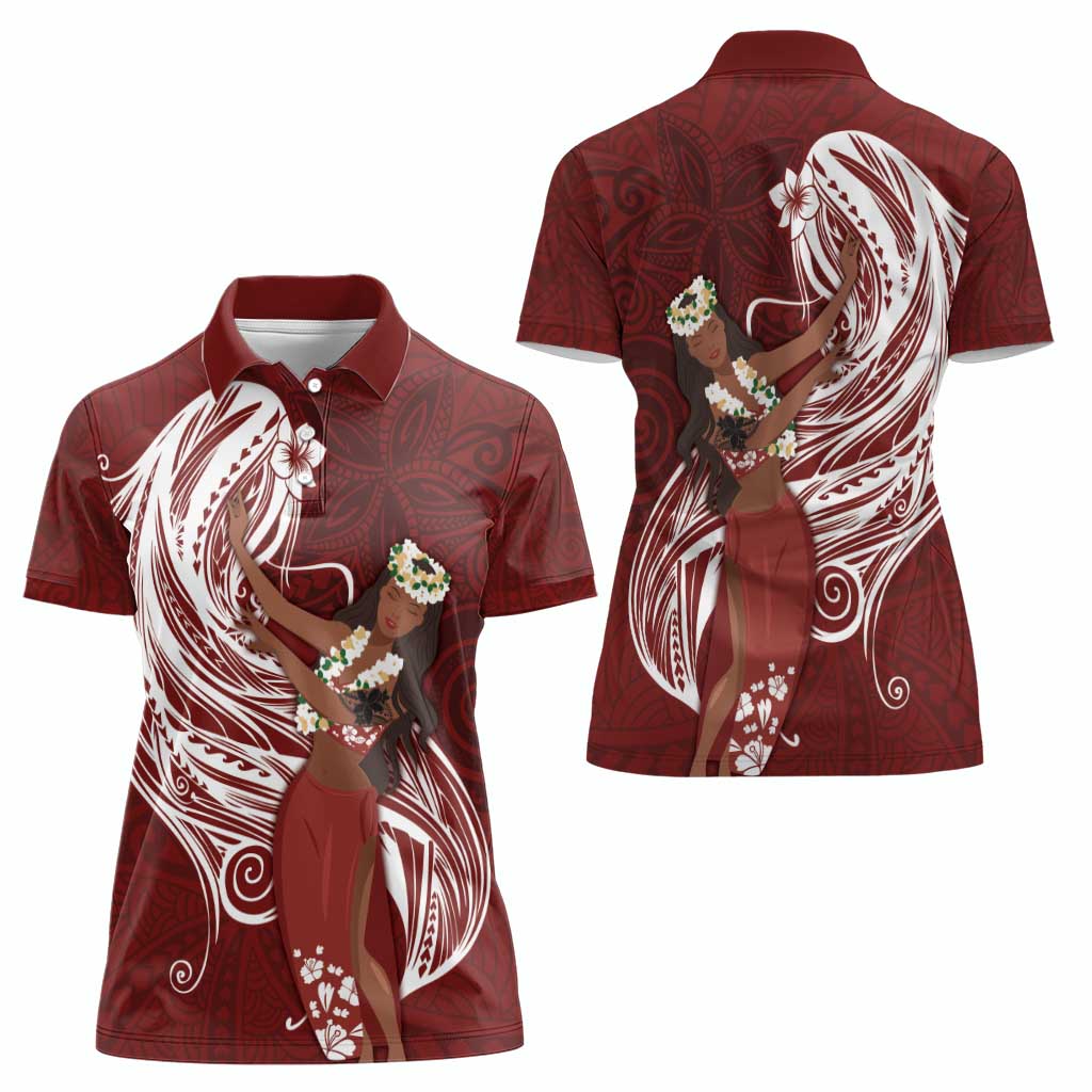 Tahiti Islands Polynesian Plumeria Women Polo Shirt Tahitian Vahine 'Ote'a - Scarlet LT7 - Polynesian Pride