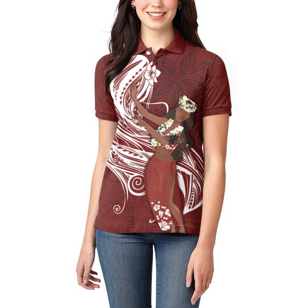 Tahiti Islands Polynesian Plumeria Women Polo Shirt Tahitian Vahine 'Ote'a - Scarlet LT7 - Polynesian Pride