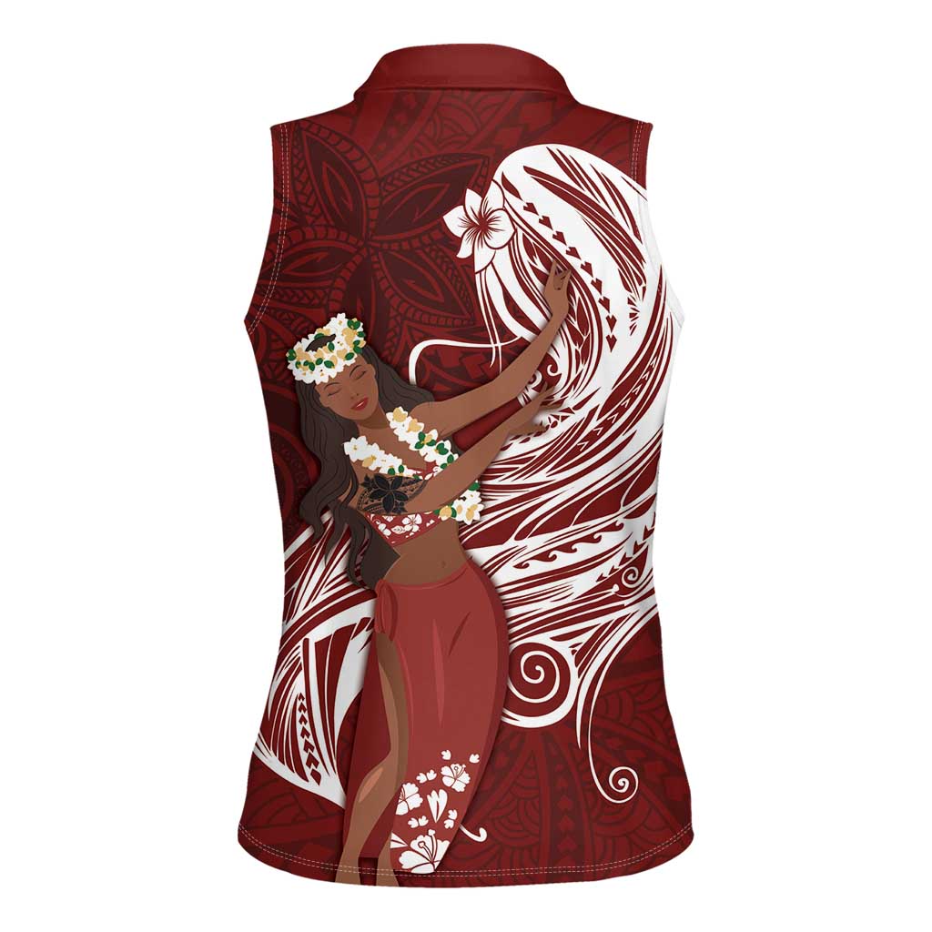 Tahiti Islands Polynesian Plumeria Women Sleeveless Polo Shirt Tahitian Vahine 'Ote'a - Scarlet