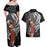 Tahiti Islands Polynesian Plumeria Couples Matching Off Shoulder Maxi Dress and Hawaiian Shirt Tahitian Vahine 'Ote'a - Black LT7 - Polynesian Pride