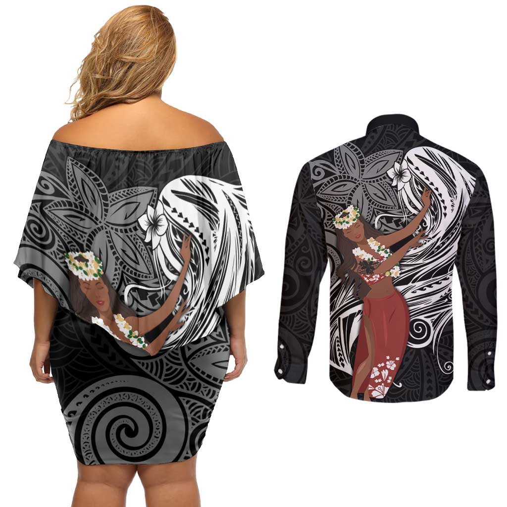 Tahiti Islands Polynesian Plumeria Couples Matching Off Shoulder Short Dress and Long Sleeve Button Shirt Tahitian Vahine 'Ote'a - Black