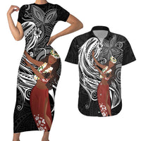 Tahiti Islands Polynesian Plumeria Couples Matching Short Sleeve Bodycon Dress and Hawaiian Shirt Tahitian Vahine 'Ote'a - Black LT7 Black - Polynesian Pride