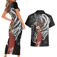 Tahiti Islands Polynesian Plumeria Couples Matching Short Sleeve Bodycon Dress and Hawaiian Shirt Tahitian Vahine 'Ote'a - Black LT7 - Polynesian Pride