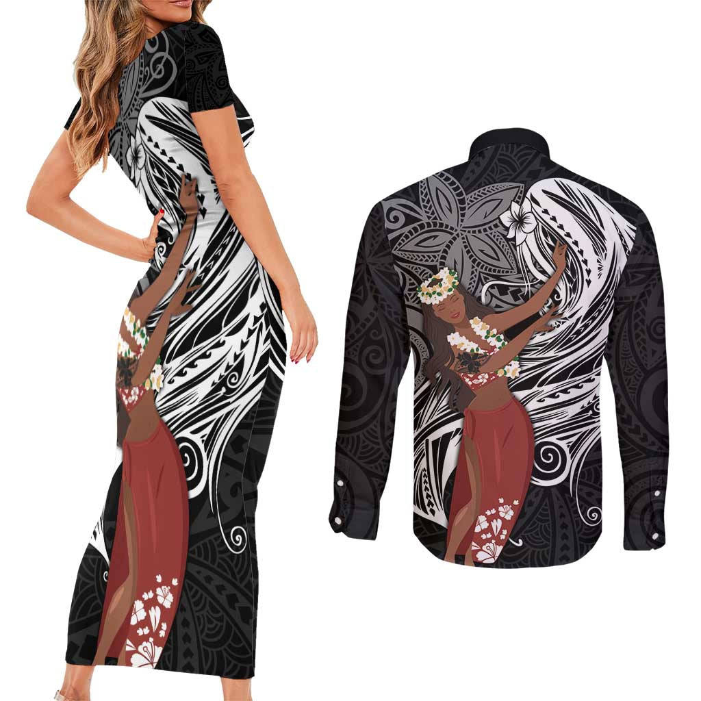 Tahiti Islands Polynesian Plumeria Couples Matching Short Sleeve Bodycon Dress and Long Sleeve Button Shirt Tahitian Vahine 'Ote'a - Black