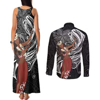 Tahiti Islands Polynesian Plumeria Couples Matching Tank Maxi Dress and Long Sleeve Button Shirt Tahitian Vahine 'Ote'a - Black