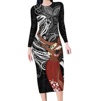 Tahiti Islands Polynesian Plumeria Family Matching Long Sleeve Bodycon Dress and Hawaiian Shirt Tahitian Vahine 'Ote'a - Black