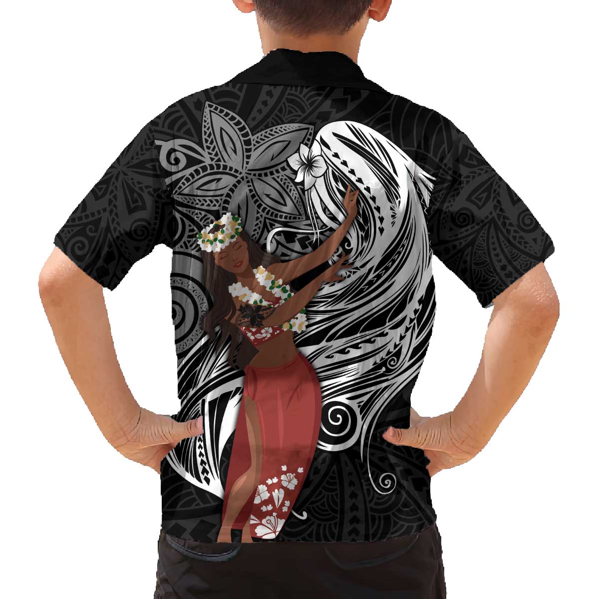 Tahiti Islands Polynesian Plumeria Family Matching Off The Shoulder Long Sleeve Dress and Hawaiian Shirt Tahitian Vahine 'Ote'a - Black LT7 - Polynesian Pride