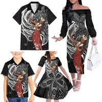 Tahiti Islands Polynesian Plumeria Family Matching Off The Shoulder Long Sleeve Dress and Hawaiian Shirt Tahitian Vahine 'Ote'a - Black LT7 - Polynesian Pride