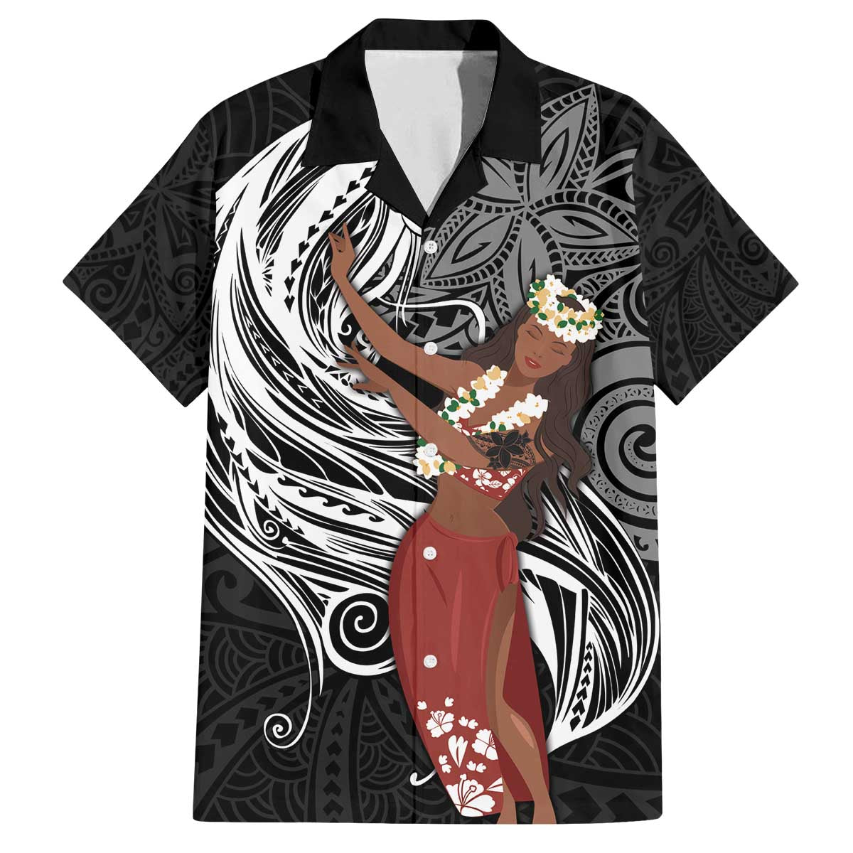 Tahiti Islands Polynesian Plumeria Family Matching Off The Shoulder Long Sleeve Dress and Hawaiian Shirt Tahitian Vahine 'Ote'a - Black LT7 Dad's Shirt - Short Sleeve Black - Polynesian Pride