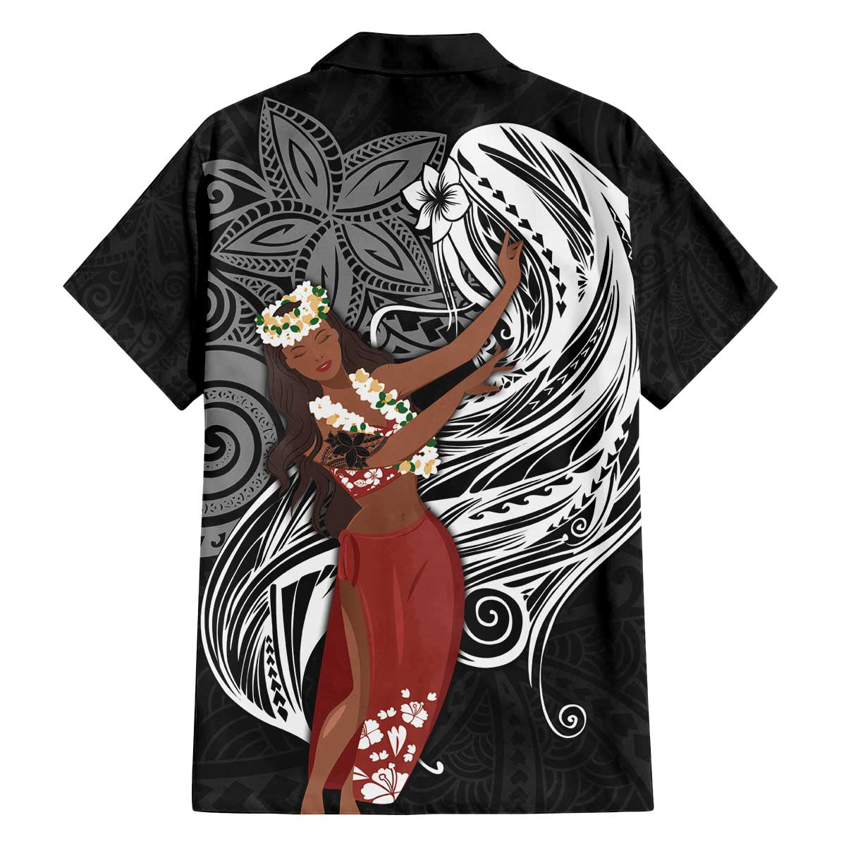 Tahiti Islands Polynesian Plumeria Family Matching Off The Shoulder Long Sleeve Dress and Hawaiian Shirt Tahitian Vahine 'Ote'a - Black LT7 - Polynesian Pride