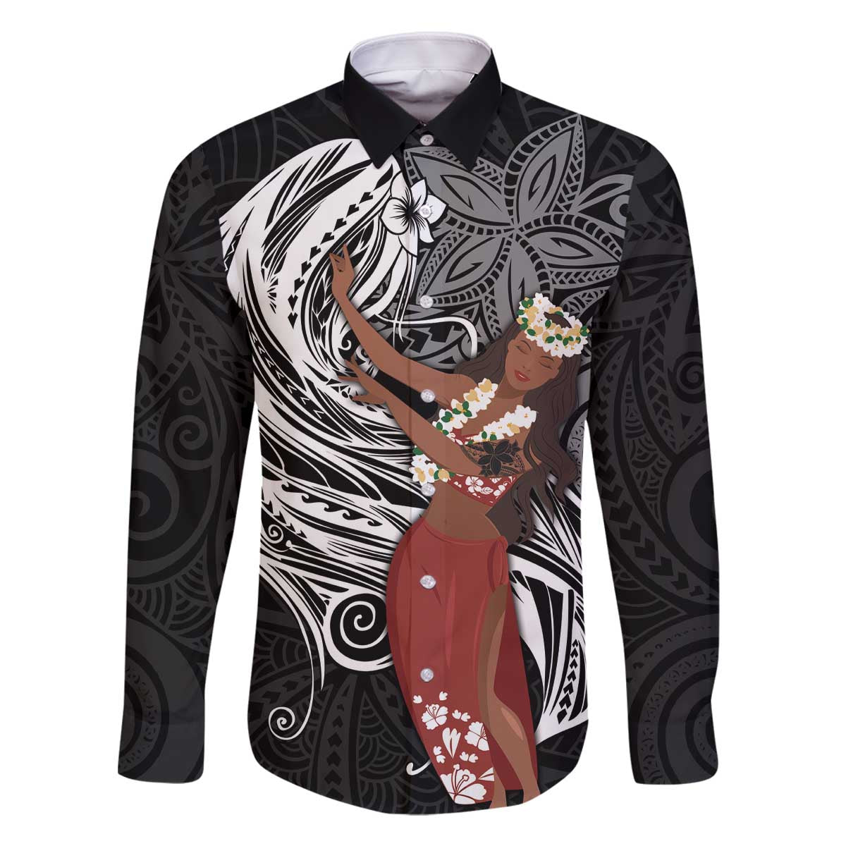 Tahiti Islands Polynesian Plumeria Family Matching Off The Shoulder Long Sleeve Dress and Hawaiian Shirt Tahitian Vahine 'Ote'a - Black LT7 Dad's Shirt - Long Sleeve Black - Polynesian Pride
