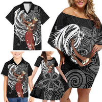 Tahiti Islands Polynesian Plumeria Family Matching Off Shoulder Short Dress and Hawaiian Shirt Tahitian Vahine 'Ote'a - Black LT7 - Polynesian Pride