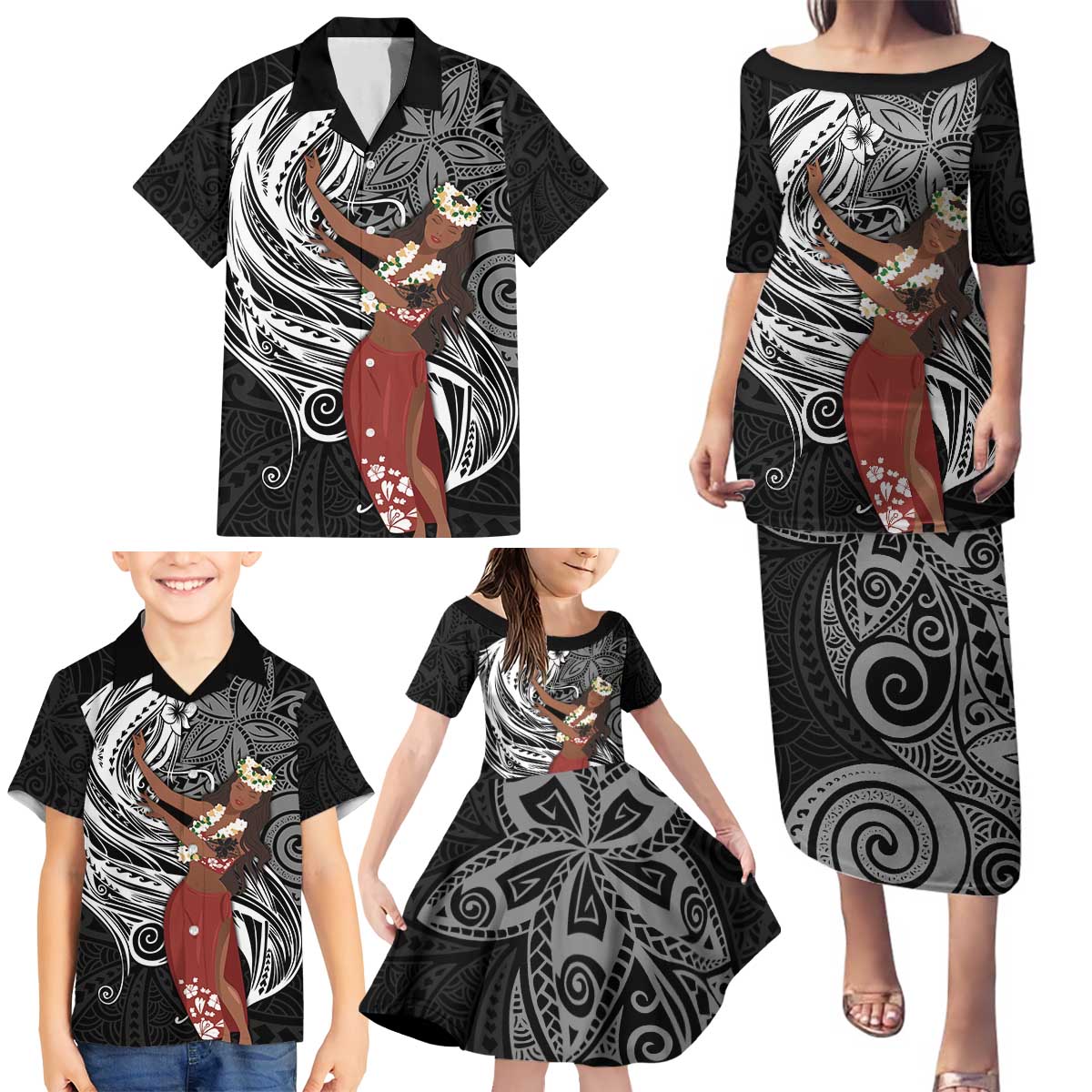 Tahiti Islands Polynesian Plumeria Family Matching Puletasi and Hawaiian Shirt Tahitian Vahine 'Ote'a - Black LT7 - Polynesian Pride