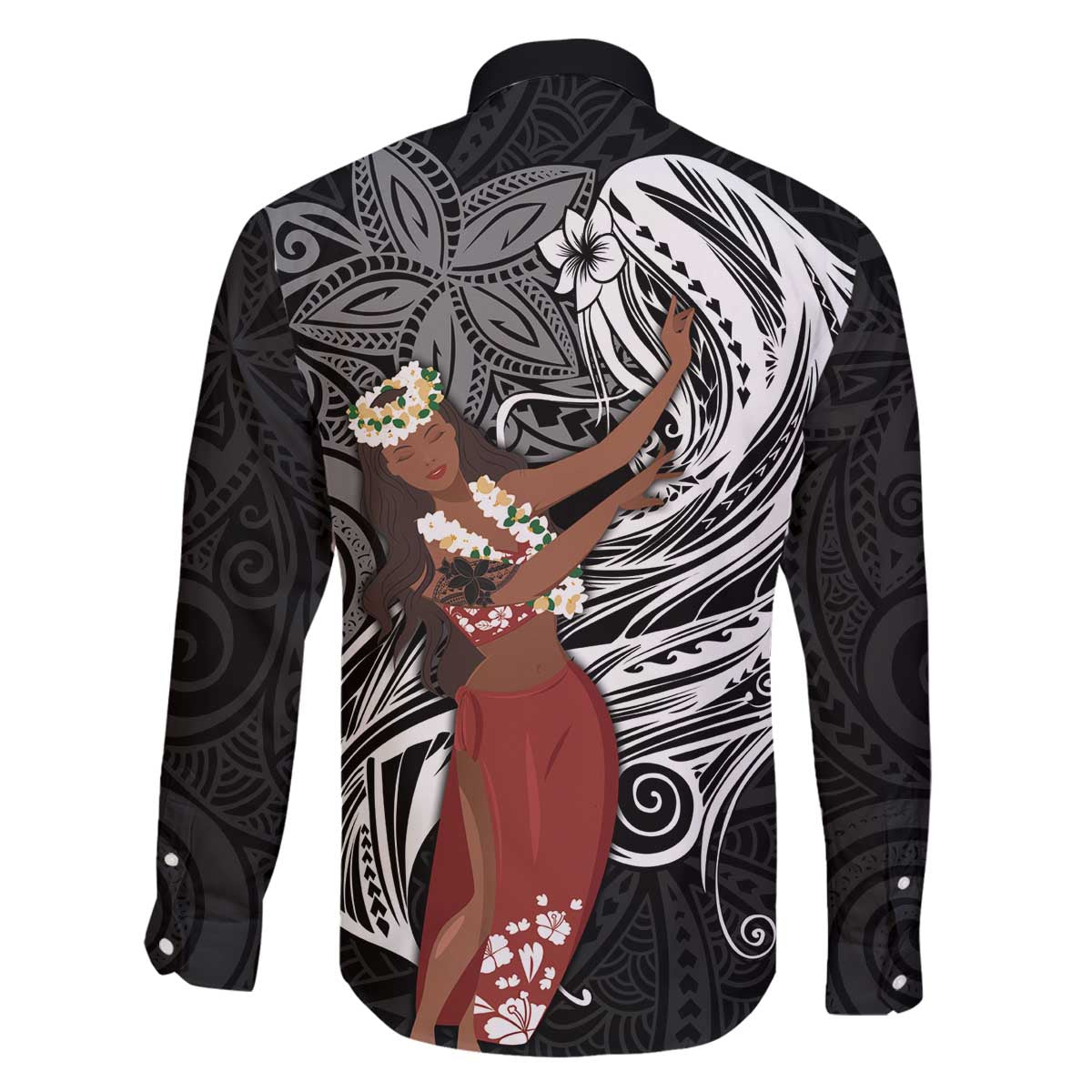Tahiti Islands Polynesian Plumeria Family Matching Puletasi and Hawaiian Shirt Tahitian Vahine 'Ote'a - Black LT7 - Polynesian Pride