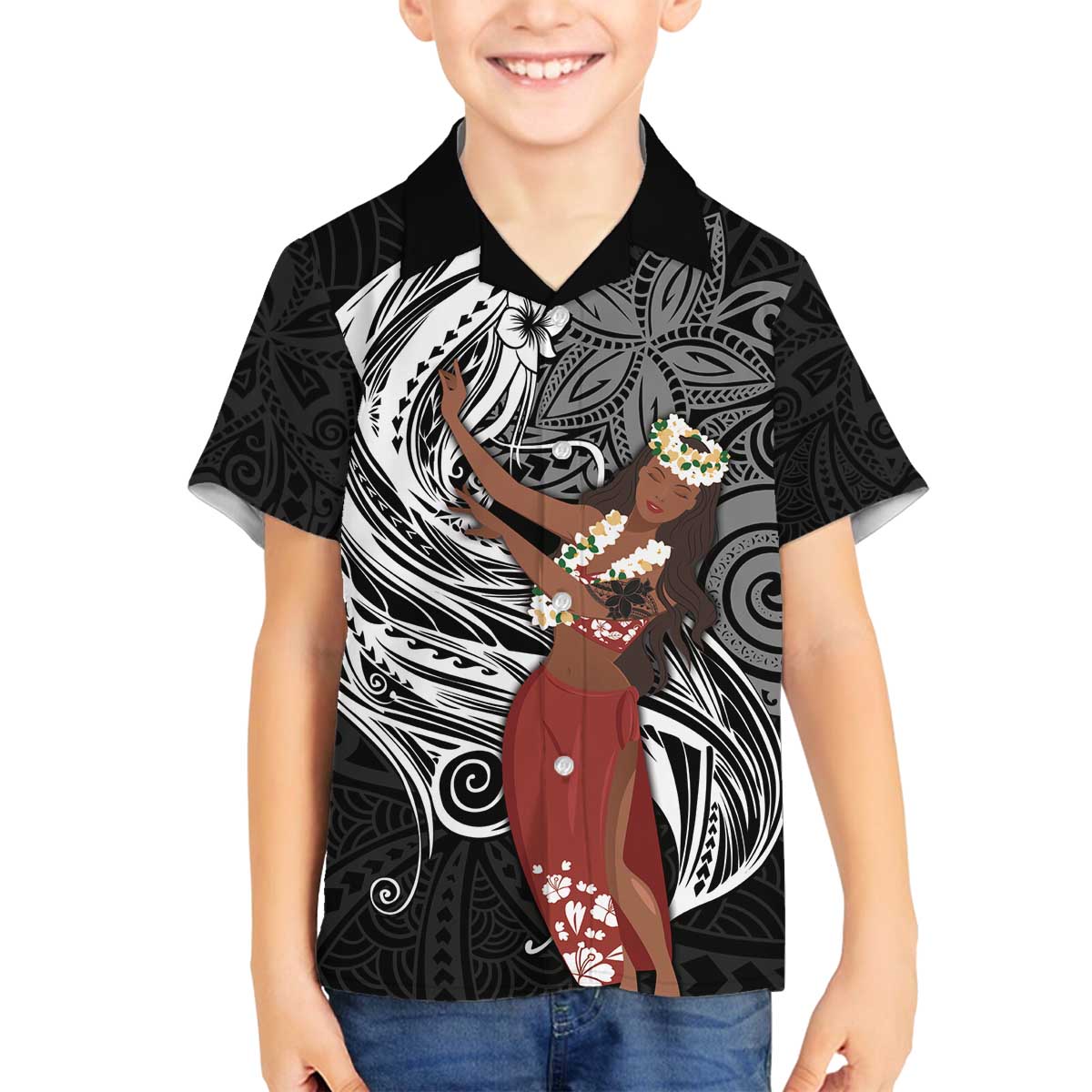 Tahiti Islands Polynesian Plumeria Family Matching Puletasi and Hawaiian Shirt Tahitian Vahine 'Ote'a - Black LT7 Son's Shirt Black - Polynesian Pride