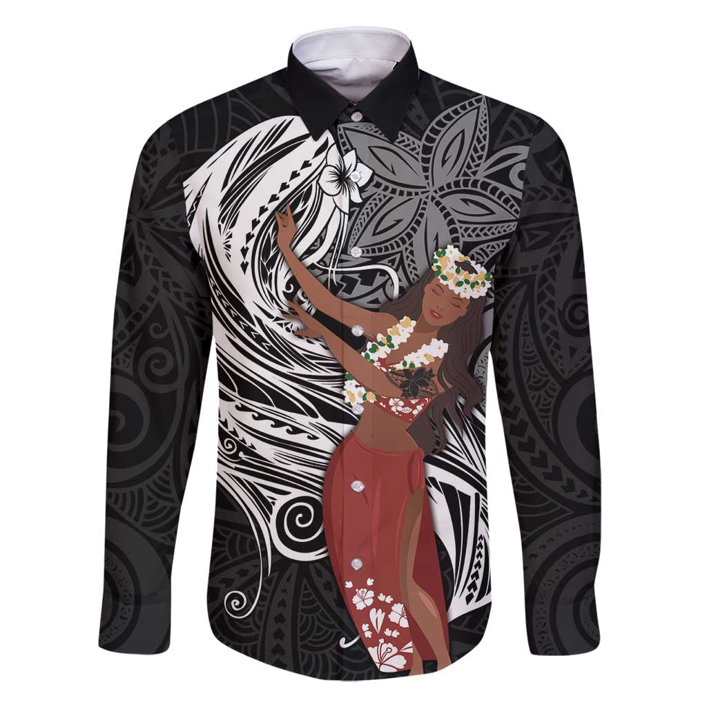Tahiti Islands Polynesian Plumeria Family Matching Tank Maxi Dress and Hawaiian Shirt Tahitian Vahine 'Ote'a - Black LT7 Dad's Shirt - Long Sleeve Black - Polynesian Pride