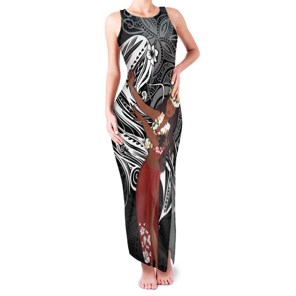 Tahiti Islands Polynesian Plumeria Family Matching Tank Maxi Dress and Hawaiian Shirt Tahitian Vahine 'Ote'a - Black LT7 Mom's Dress Black - Polynesian Pride
