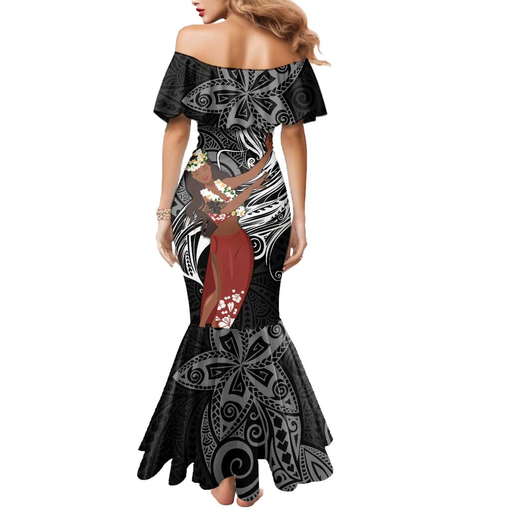 Tahiti Islands Polynesian Plumeria Mermaid Dress Tahitian Vahine 'Ote'a - Black