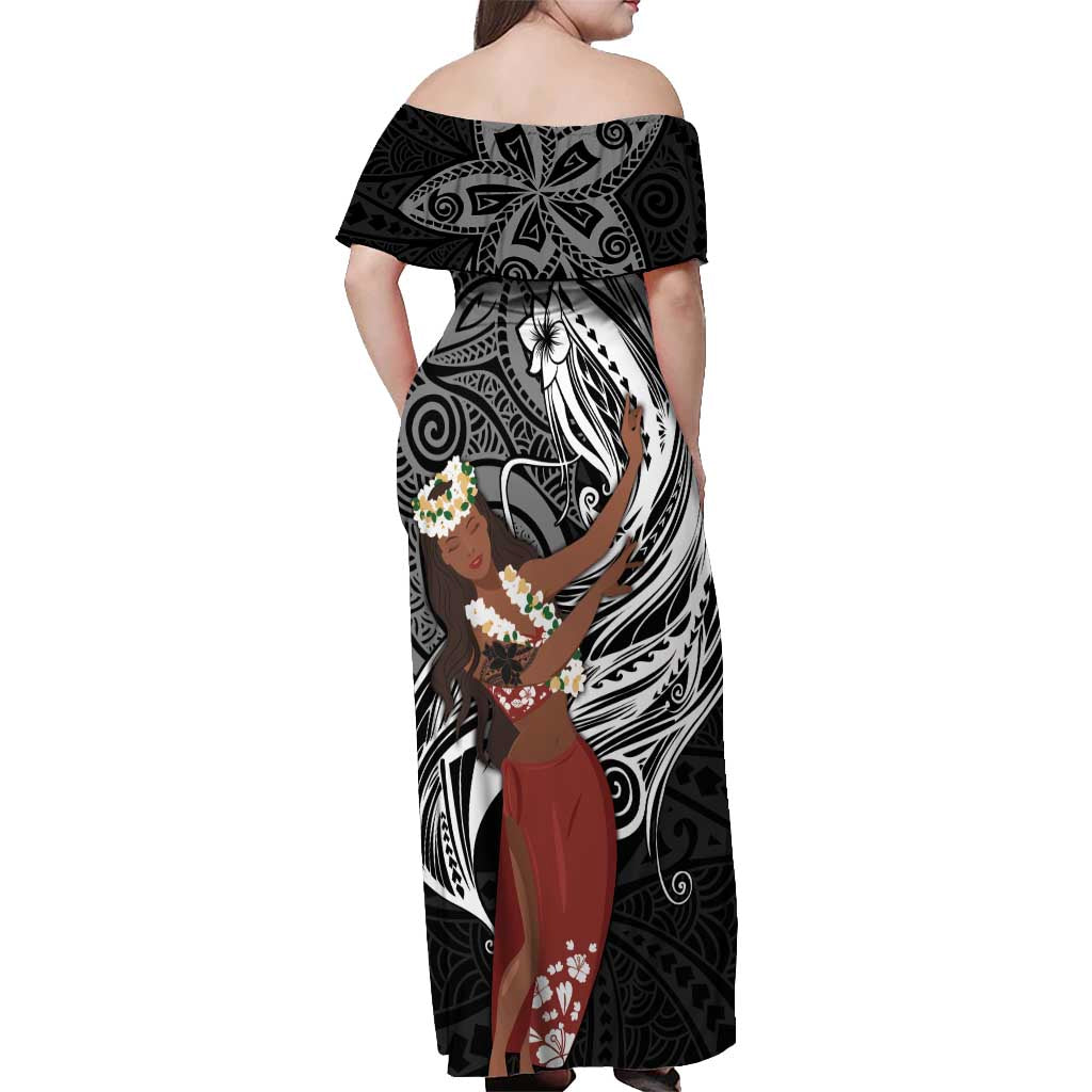Tahiti Islands Polynesian Plumeria Off Shoulder Maxi Dress Tahitian Vahine 'Ote'a - Black