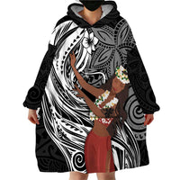 Tahiti Islands Polynesian Plumeria Wearable Blanket Hoodie Tahitian Vahine 'Ote'a - Black