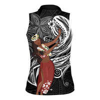 Tahiti Islands Polynesian Plumeria Women Sleeveless Polo Shirt Tahitian Vahine 'Ote'a - Black