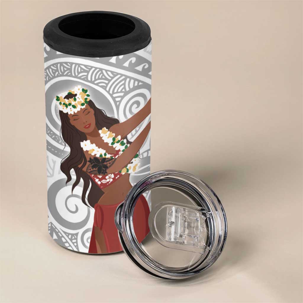 Tahiti Islands Polynesian Plumeria 4 in 1 Can Cooler Tumbler Tahitian Vahine 'Ote'a - White