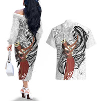 Tahiti Islands Polynesian Plumeria Couples Matching Off The Shoulder Long Sleeve Dress and Hawaiian Shirt Tahitian Vahine 'Ote'a - White
