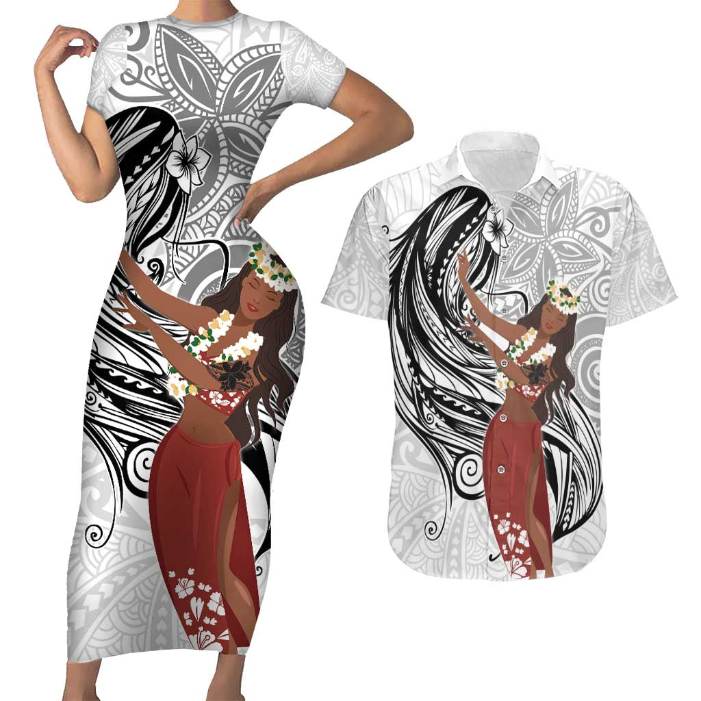 Tahiti Islands Polynesian Plumeria Couples Matching Short Sleeve Bodycon Dress and Hawaiian Shirt Tahitian Vahine 'Ote'a - White LT7 White - Polynesian Pride