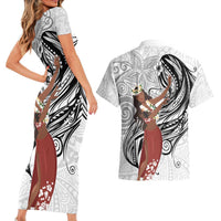 Tahiti Islands Polynesian Plumeria Couples Matching Short Sleeve Bodycon Dress and Hawaiian Shirt Tahitian Vahine 'Ote'a - White LT7 - Polynesian Pride