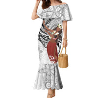 Tahiti Islands Polynesian Plumeria Family Matching Mermaid Dress and Hawaiian Shirt Tahitian Vahine 'Ote'a - White