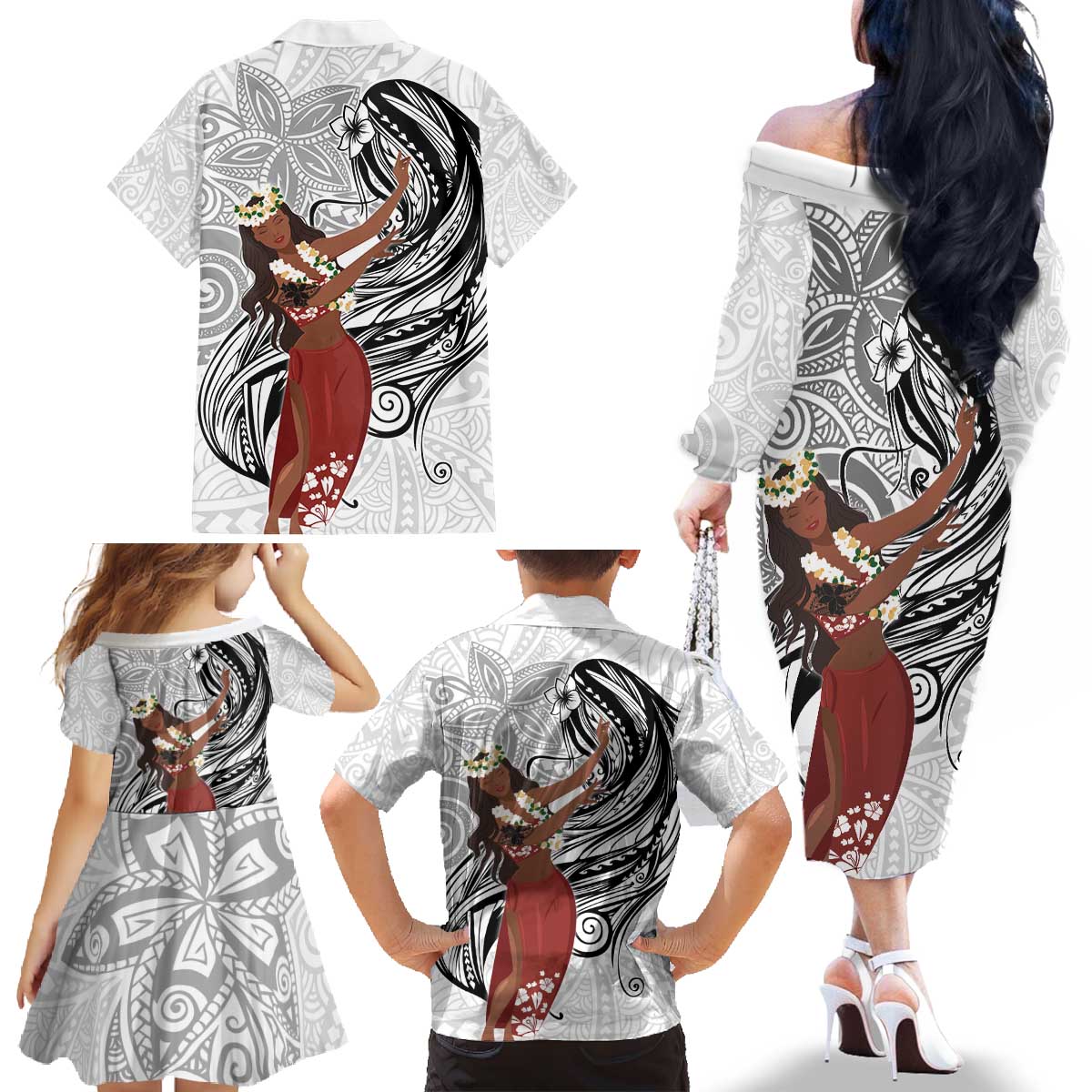 Tahiti Islands Polynesian Plumeria Family Matching Off The Shoulder Long Sleeve Dress and Hawaiian Shirt Tahitian Vahine 'Ote'a - White LT7 - Polynesian Pride