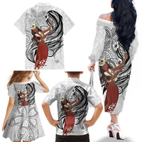 Tahiti Islands Polynesian Plumeria Family Matching Off The Shoulder Long Sleeve Dress and Hawaiian Shirt Tahitian Vahine 'Ote'a - White LT7 - Polynesian Pride