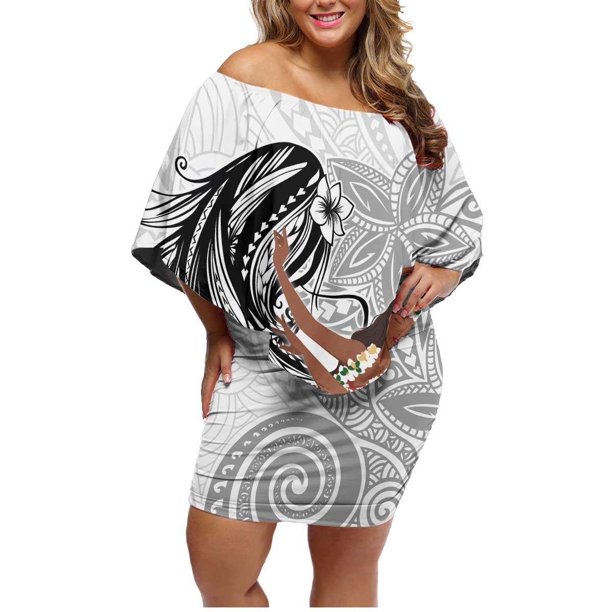 Tahiti Islands Polynesian Plumeria Family Matching Off Shoulder Short Dress and Hawaiian Shirt Tahitian Vahine 'Ote'a - White LT7 Mom's Dress White - Polynesian Pride