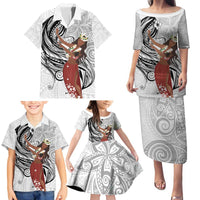 Tahiti Islands Polynesian Plumeria Family Matching Puletasi and Hawaiian Shirt Tahitian Vahine 'Ote'a - White LT7 - Polynesian Pride