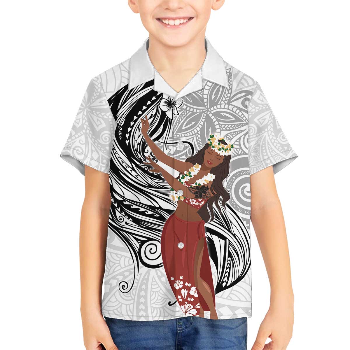 Tahiti Islands Polynesian Plumeria Family Matching Puletasi and Hawaiian Shirt Tahitian Vahine 'Ote'a - White LT7 Son's Shirt White - Polynesian Pride
