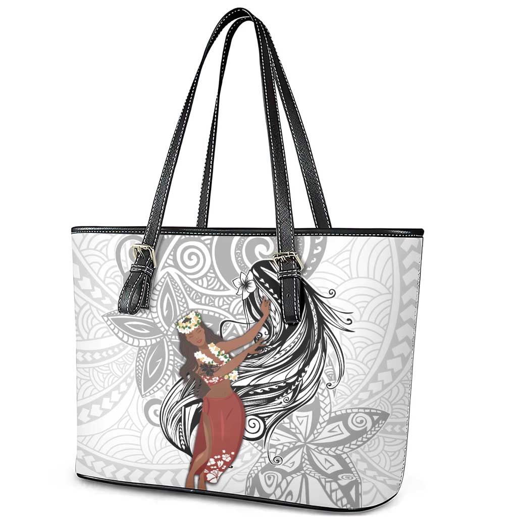 Tahiti Islands Polynesian Plumeria Leather Tote Bag Tahitian Vahine 'Ote'a - White