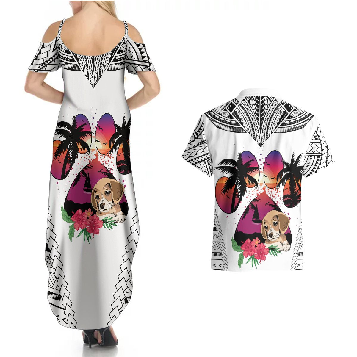 Polynesian Couples Matching Summer Maxi Dress and Hawaiian Shirt Dog Lover With Beagle - Sunset At The Beach White Ver LT7 - Polynesian Pride