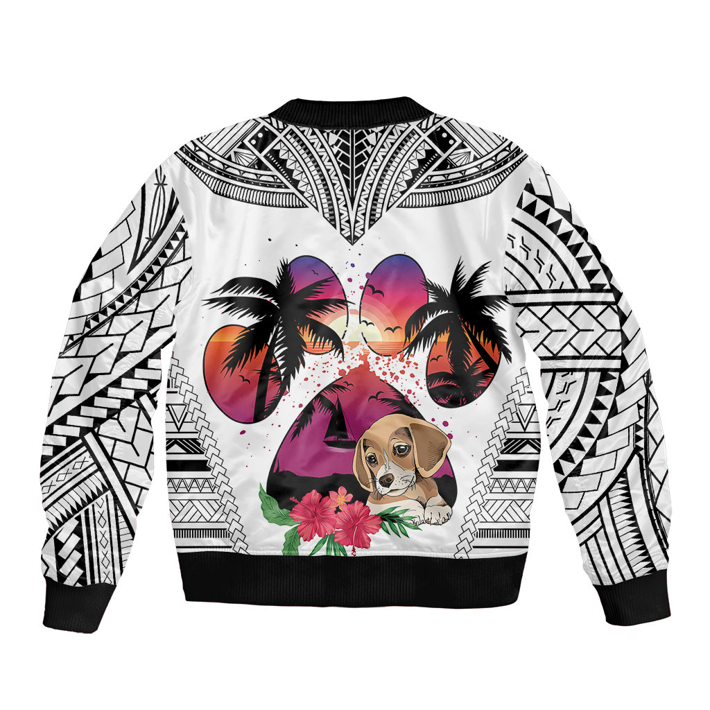 Polynesian Sleeve Zip Bomber Jacket Dog Lover With Beagle - Sunset At The Beach White Ver LT7 - Polynesian Pride