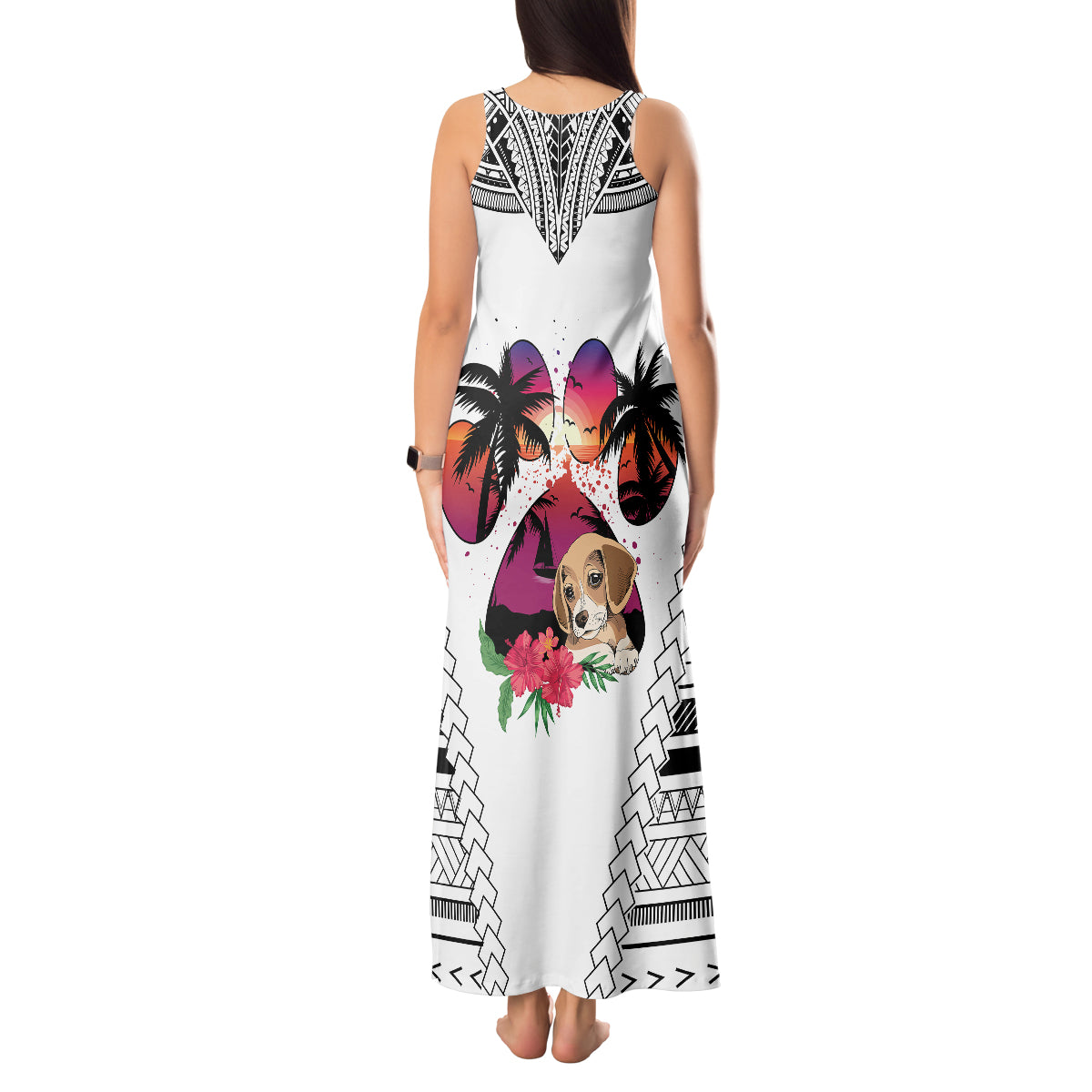 Polynesian Tank Maxi Dress Dog Lover With Beagle - Sunset At The Beach White Ver LT7 - Polynesian Pride